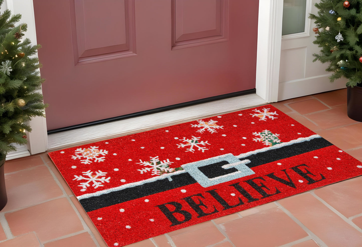 17" X 29" Red Black and White Coir Snowflake Believe Outdoor Christmas Door Mat