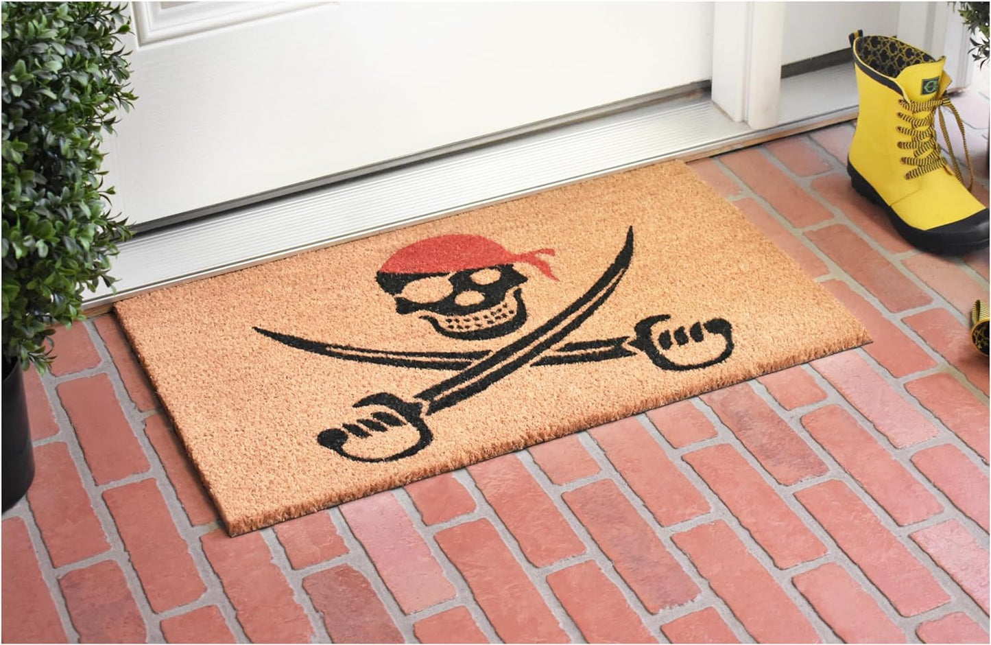 17" X 29" Natural Red and Black Coir Pirate Outdoor Halloween Door Mat