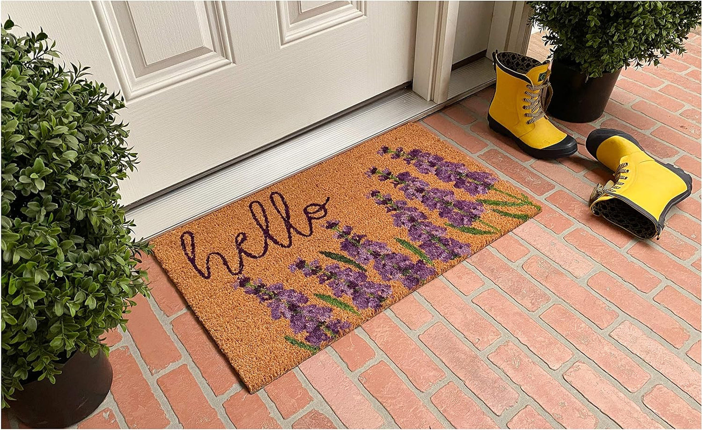 17" X 29" Natural Black and Purple Coir Floral Hello Outdoor Door Mat