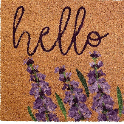 17" X 29" Natural Black and Purple Coir Floral Hello Outdoor Door Mat