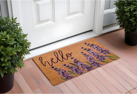 17" X 29" Natural Black and Purple Coir Floral Hello Outdoor Door Mat