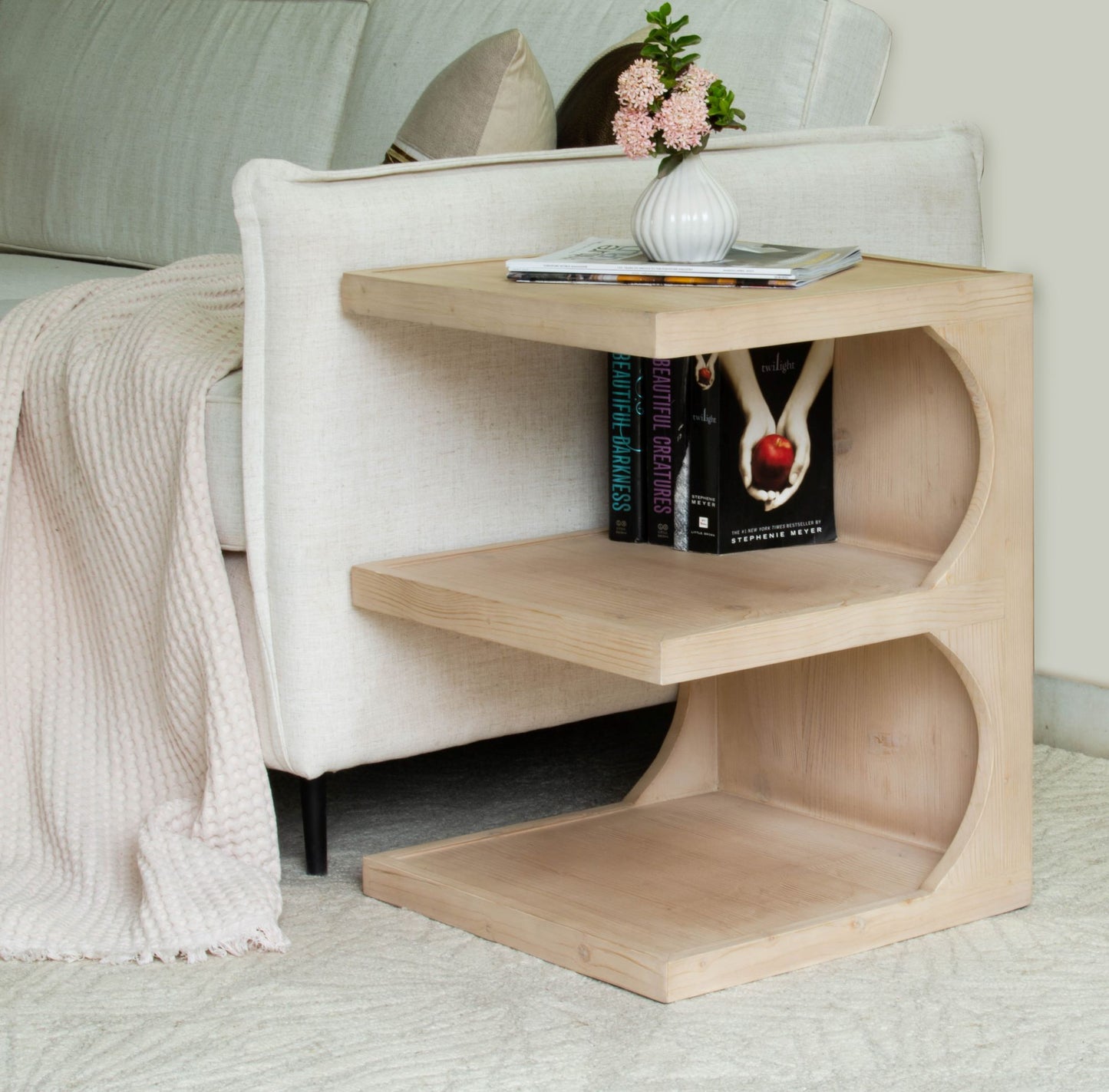 24" Natural Solid Wood End Table With Two Shelves