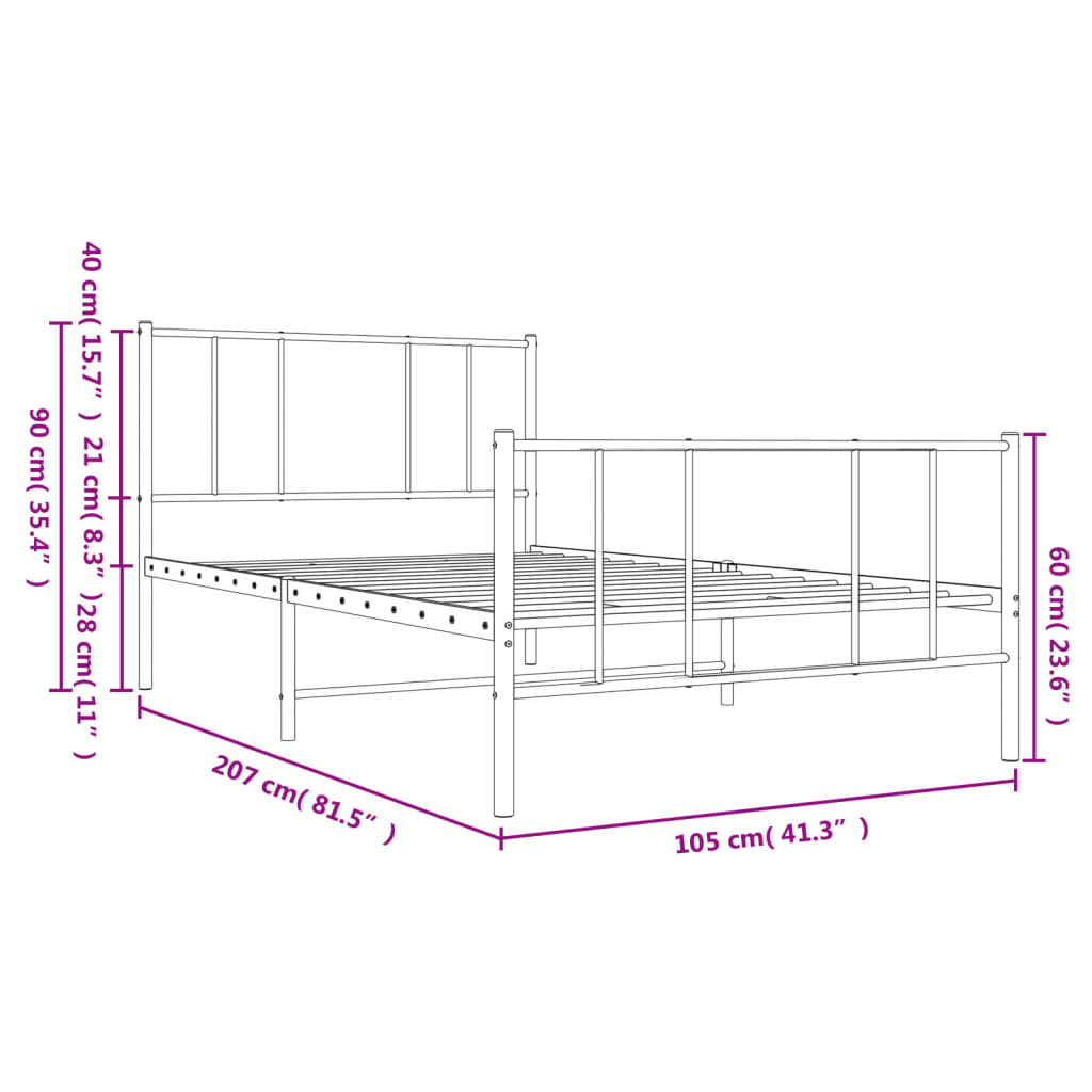 Metal Bed Frame without Mattress with Footboard White 39.4"x78.7"