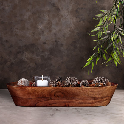 17" Dark Brown Acacia Wood Oval Centerpiece Dough Bowl