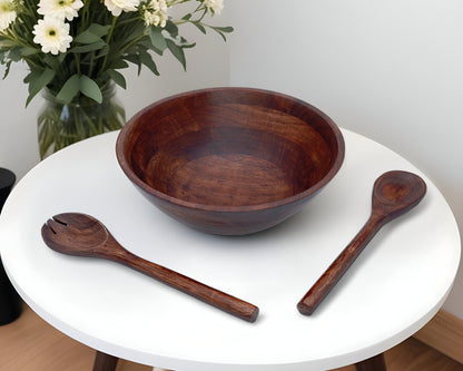 Three Piece Brown Cherry Acacia Wood Salad Bowl and Servers Set