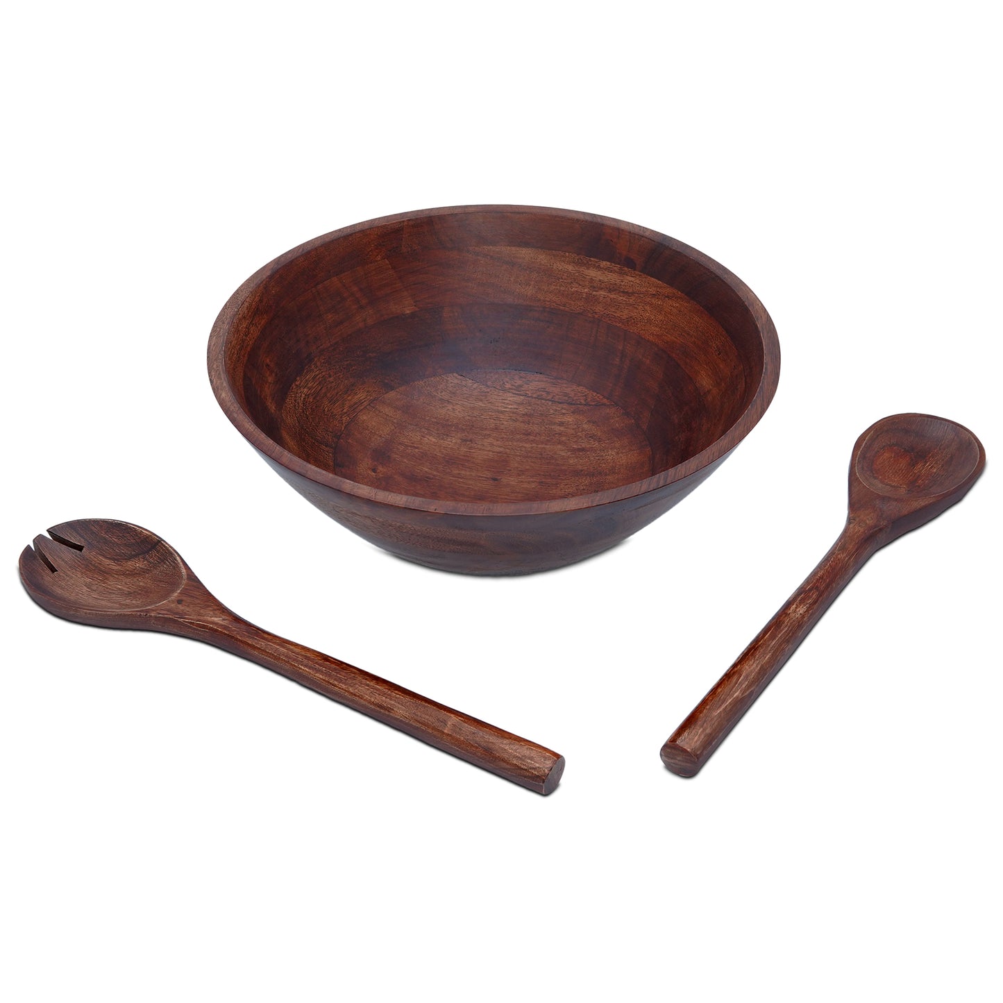 Three Piece Brown Cherry Acacia Wood Salad Bowl and Servers Set