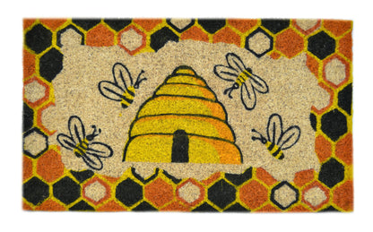 18" X 30" Beige and Orange Coir Bees Outdoor Spring Door Mat