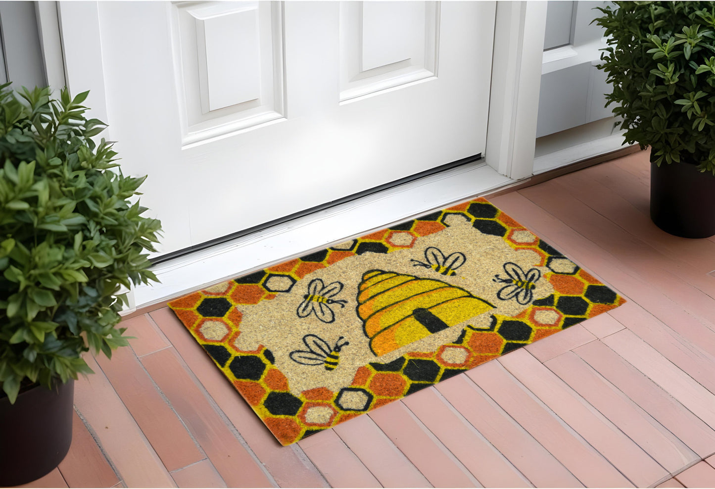 18" X 30" Beige and Orange Coir Bees Outdoor Spring Door Mat