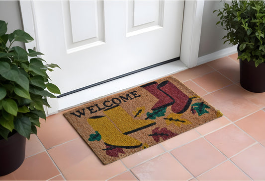 18" X 30" Brown and Red Coir Leaves Welcome Outdoor Spring Door Mat