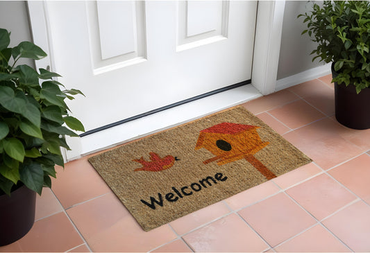 18" X 30" Beige and Black Coir Bird Welcome Outdoor Door Mat