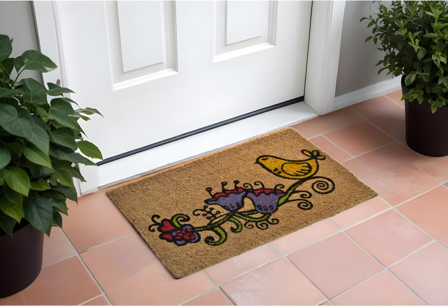 18" X 30" Brown and Black Coir Floral Outdoor Door Mat