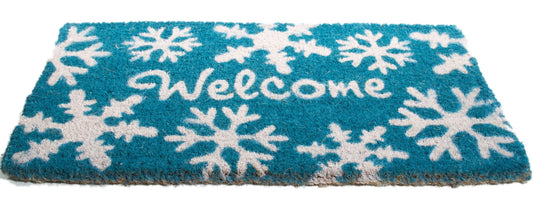 18" X 30" Aqua Blue and White Coir Snowflake Welcome Outdoor Winter Door Mat