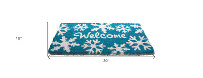 18" X 30" Aqua Blue and White Coir Snowflake Welcome Outdoor Winter Door Mat