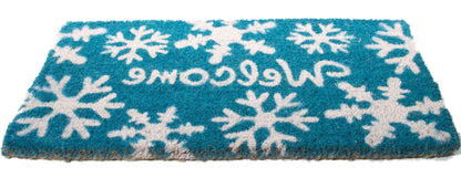 18" X 30" Aqua Blue and White Coir Snowflake Welcome Outdoor Winter Door Mat