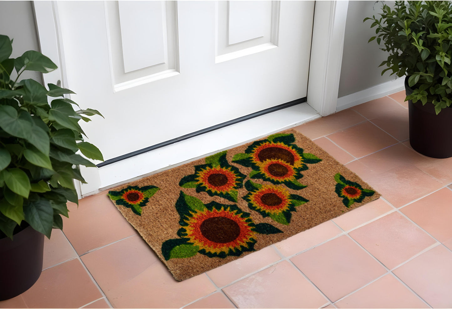 18" X 30" Brown Orange and Yellow Coir Floral Outdoor Summer Door Mat