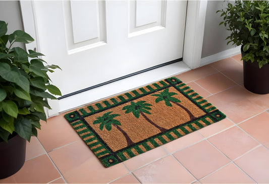 18" X 30" Brown and Green Coir Palm Tree Outdoor Door Mat