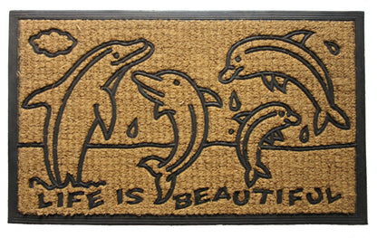 18" X 30" Brown and Black Rubber And Coir Dolphin Life is Beautiful Outdoor Door Mat