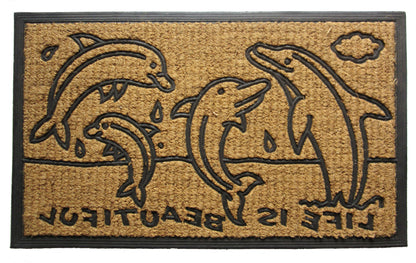 18" X 30" Brown and Black Rubber And Coir Dolphin Life is Beautiful Outdoor Door Mat