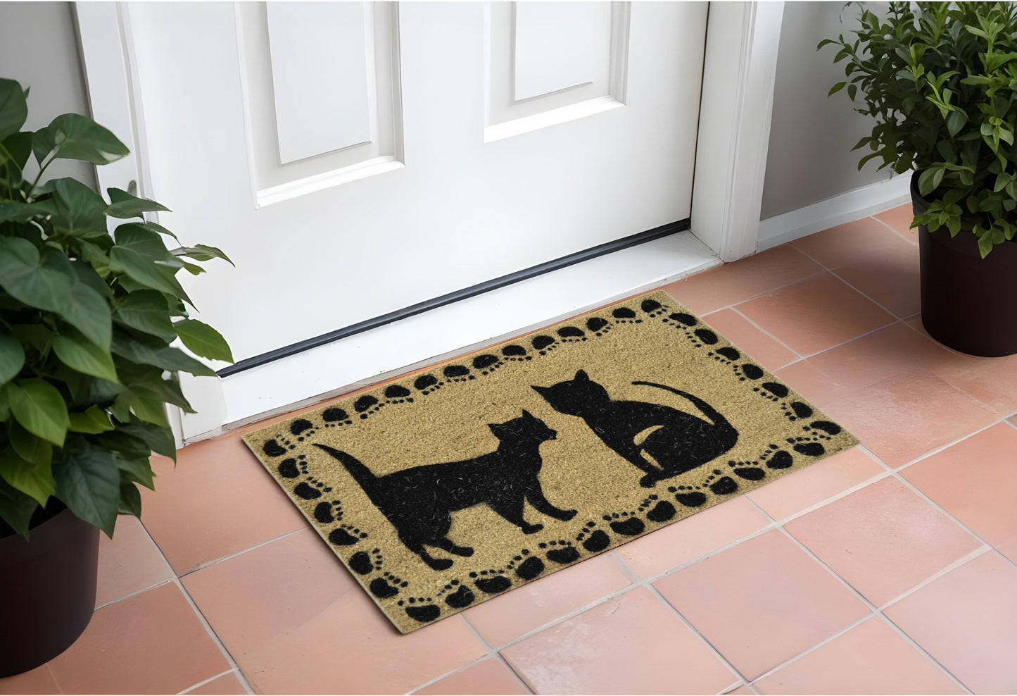 18" X 30" Beige and Black Coir Cat Outdoor Door Mat