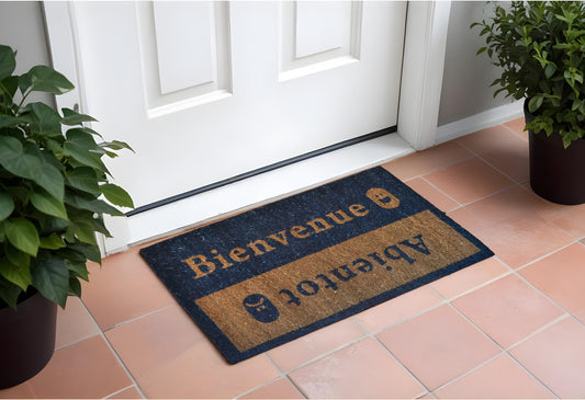 18" X 30" Brown and Blue Coir Bienvenue Abientot Outdoor Door Mat