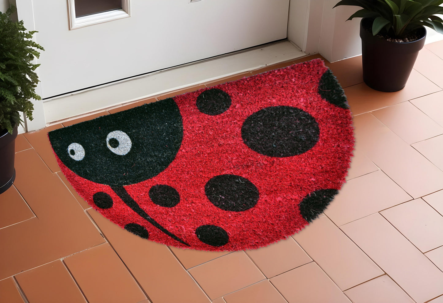 18" X 30" Black and Red Coir Ladybug Outdoor Semi Circle Door Mat