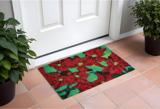 18" X 30" Red and Green Coir Poinsettia Outdoor Christmas Door Mat