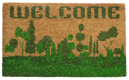 18" X 30" Beige and Green Coir Trees Welcome Outdoor Door Mat