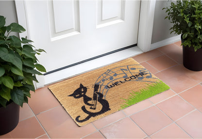 18" X 30" Brown and Black Coir Cat Welcome Outdoor Door Mat