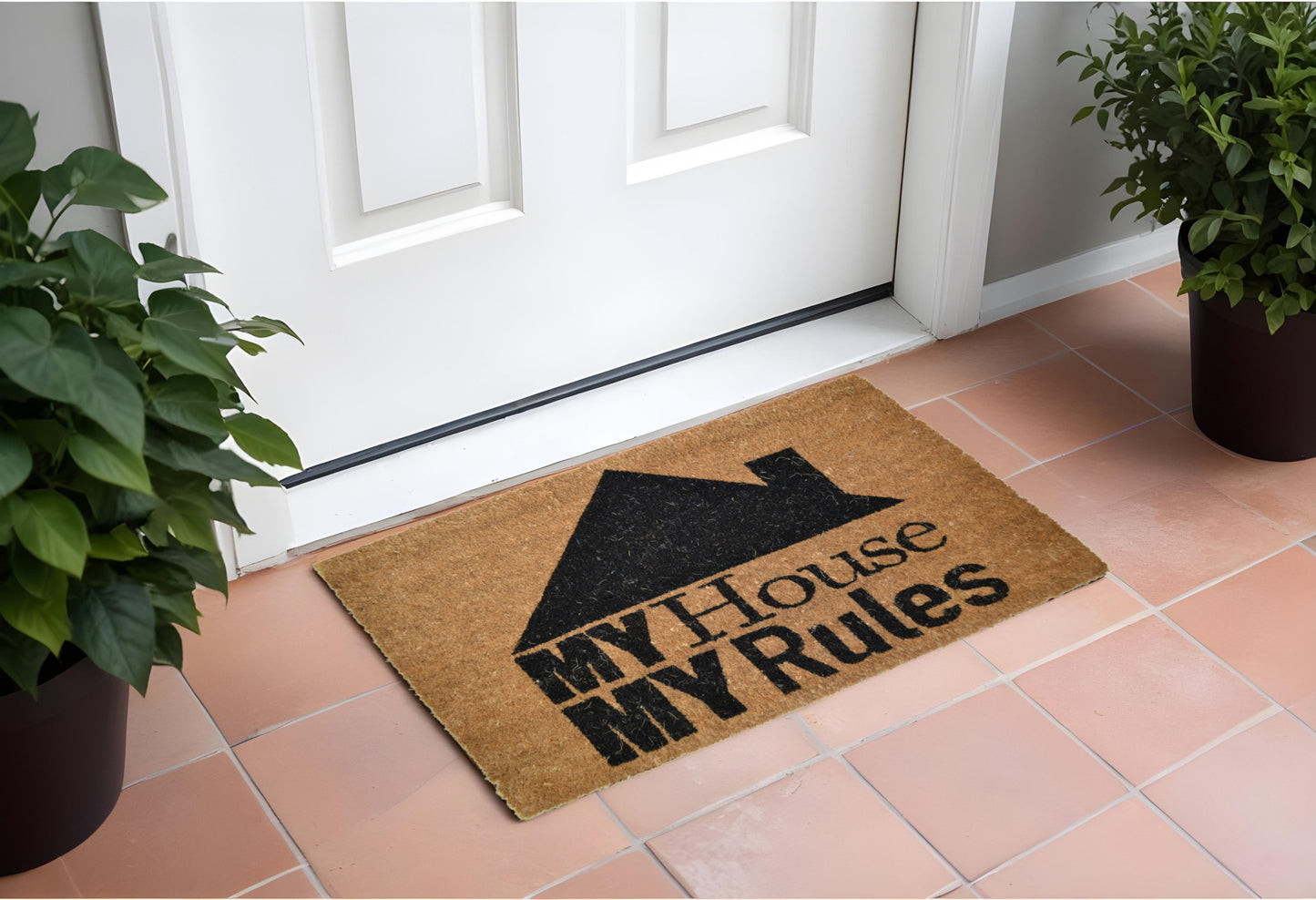 18" X 30" Brown and Black Coir My House My Rules Outdoor Door Mat