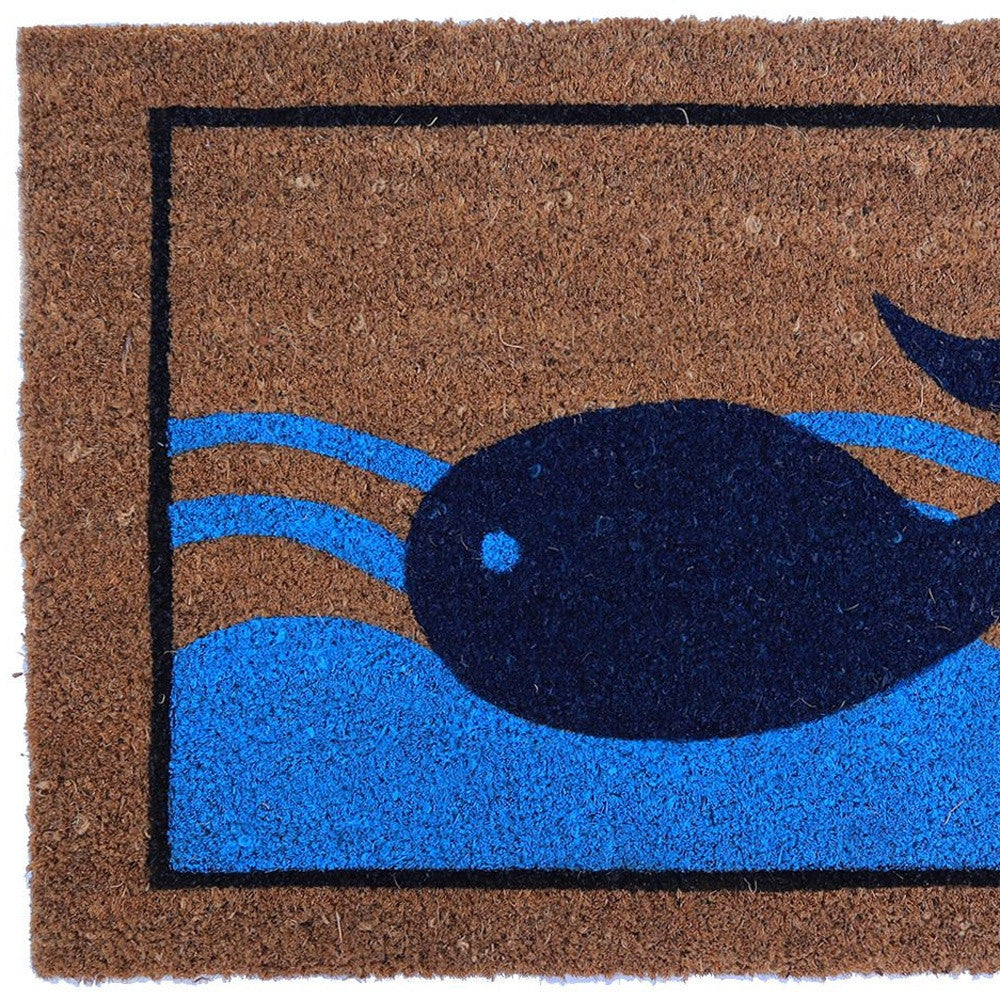 18" X 30" Brown Blue And Red Coir Whale Outdoor Door Mat