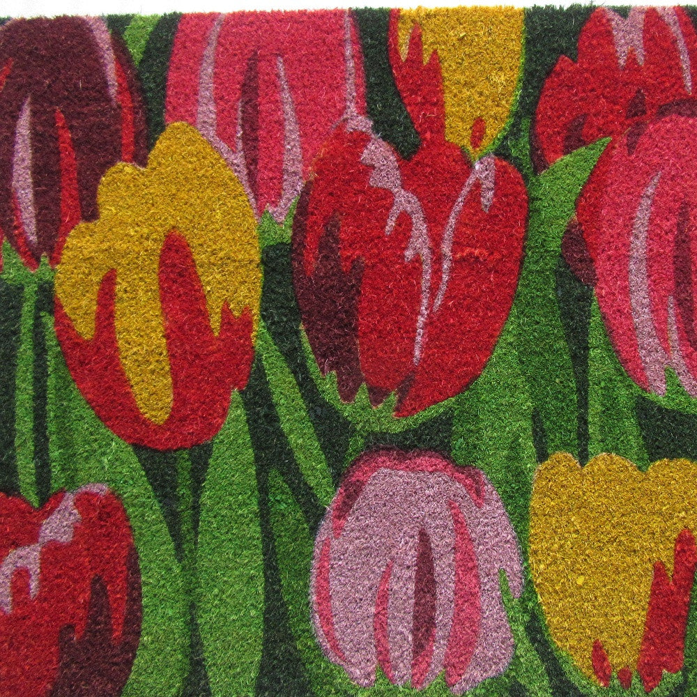 24" X 36" Red and Green Coir Floral Outdoor Spring Door Mat