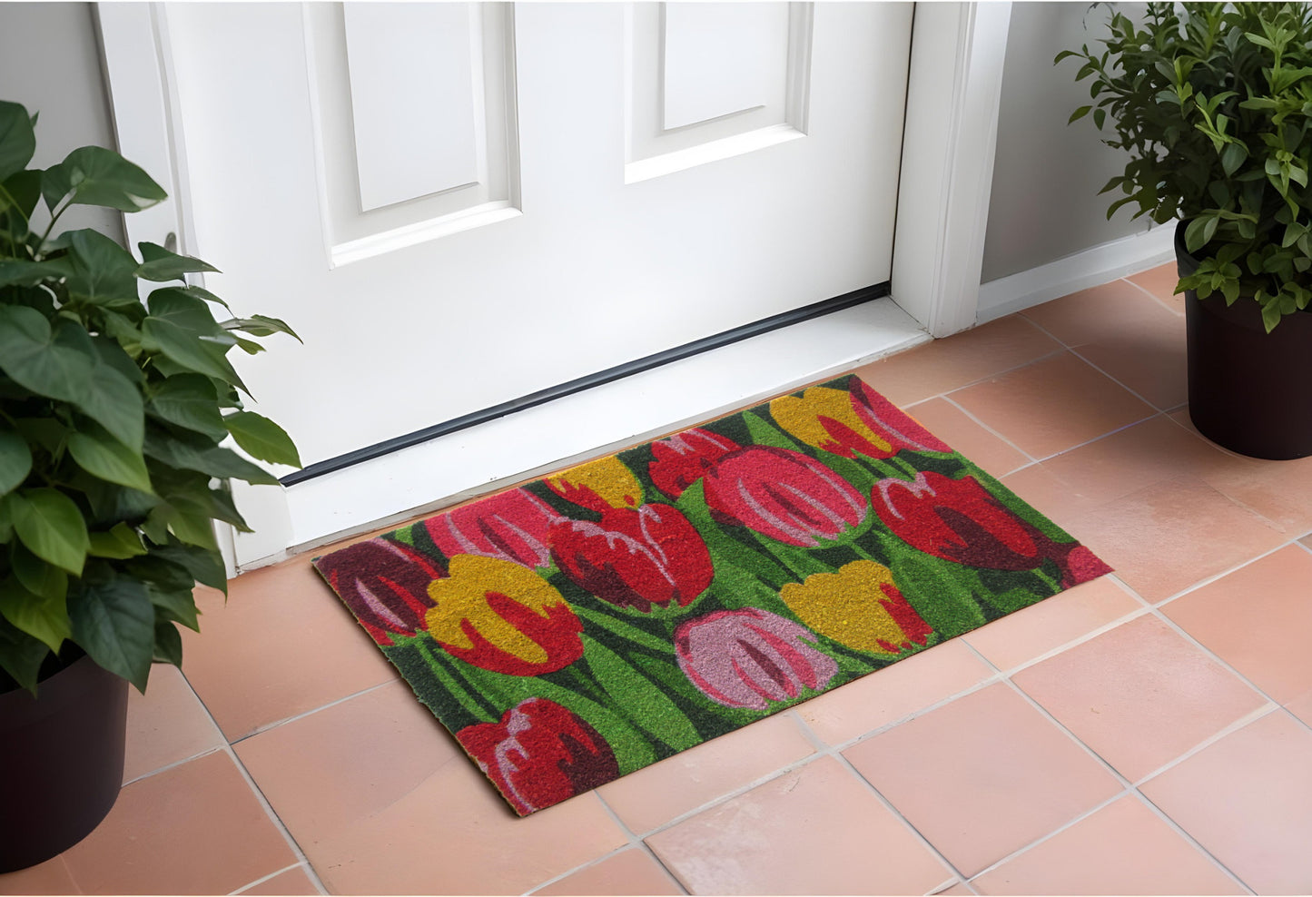 24" X 36" Red and Green Coir Floral Outdoor Spring Door Mat