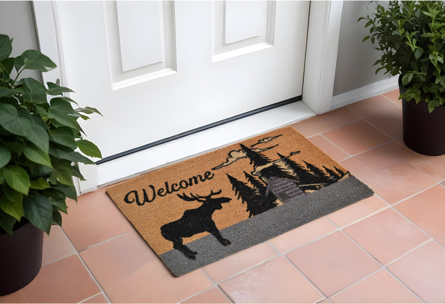 18" X 30" Brown and Black Coir Woodland Welcome Outdoor Door Mat