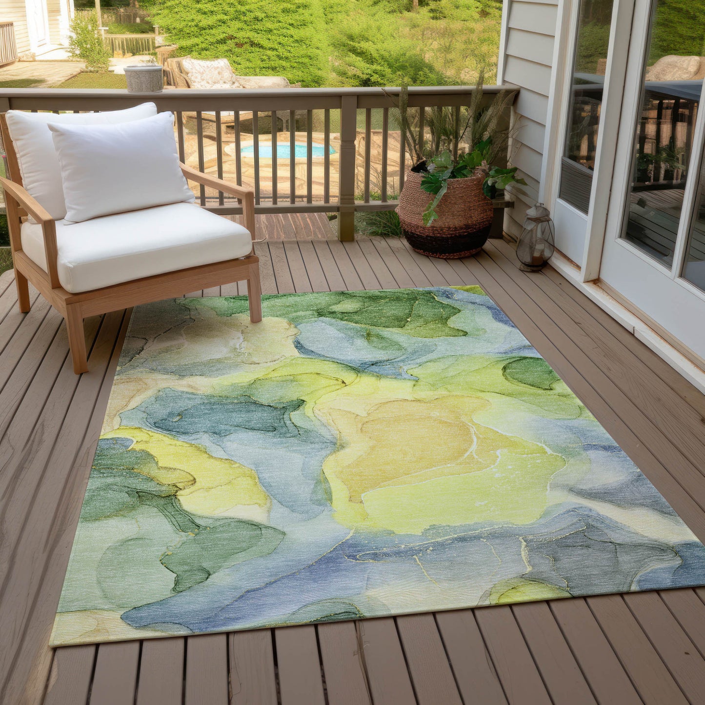 5' X 8' Yellow Abstract Washable Non Skid Indoor Outdoor Area Rug