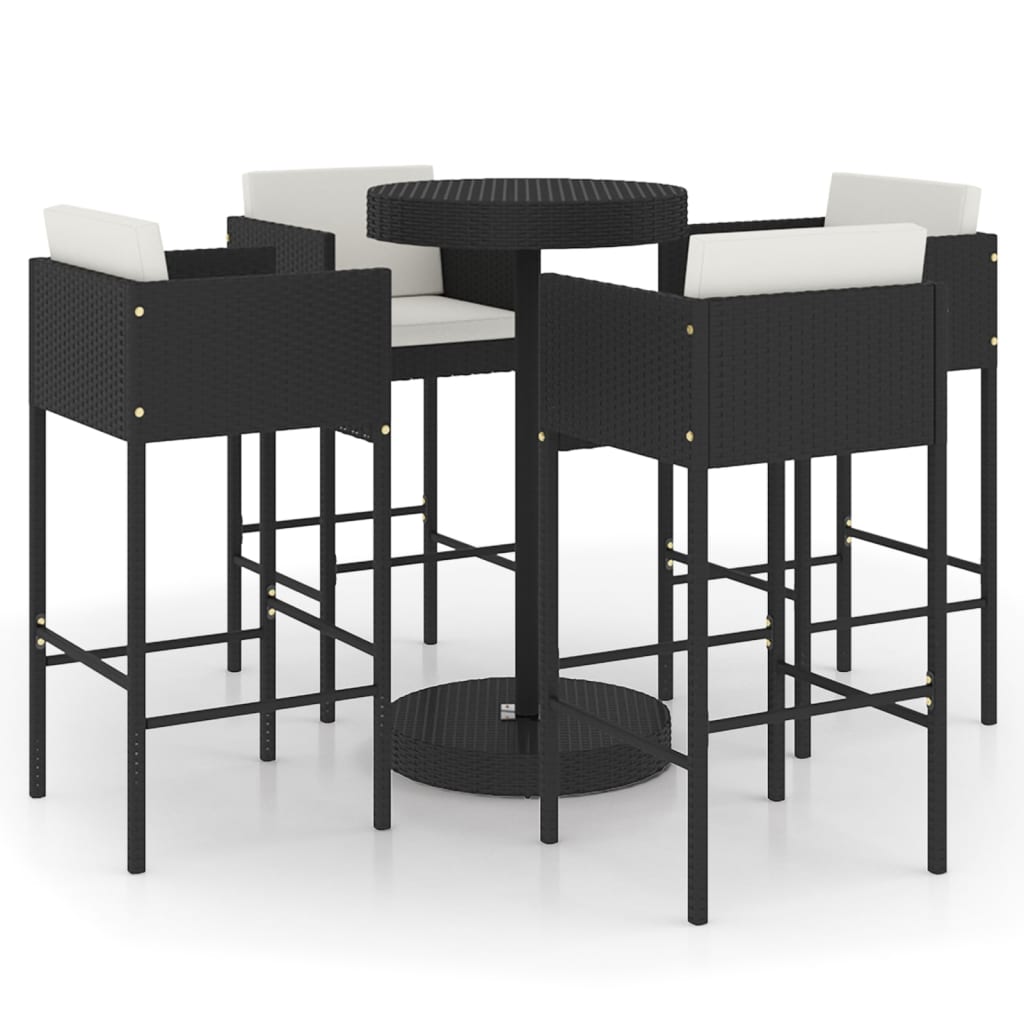 5 Piece Patio Bar Set with Cushions Poly Rattan Black