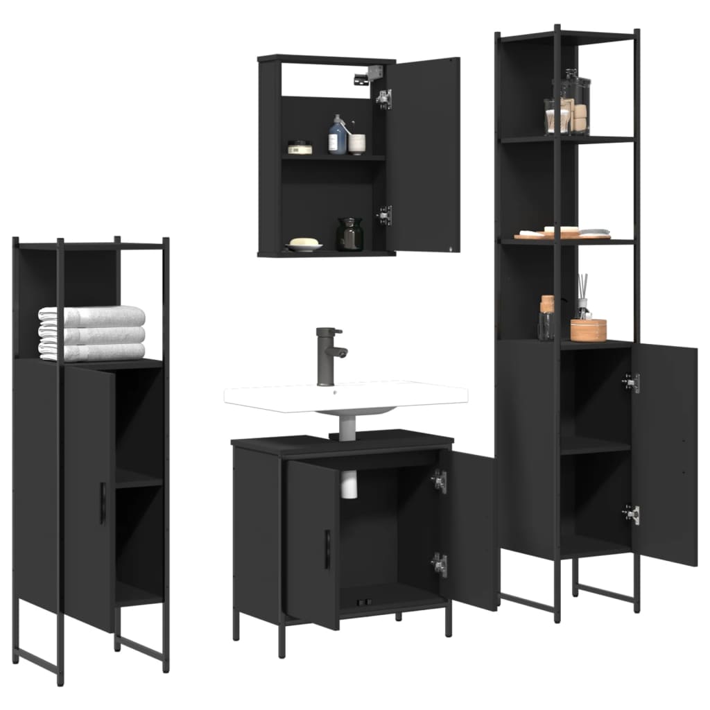 4 Piece Bathroom Furniture Set Black Engineered Wood