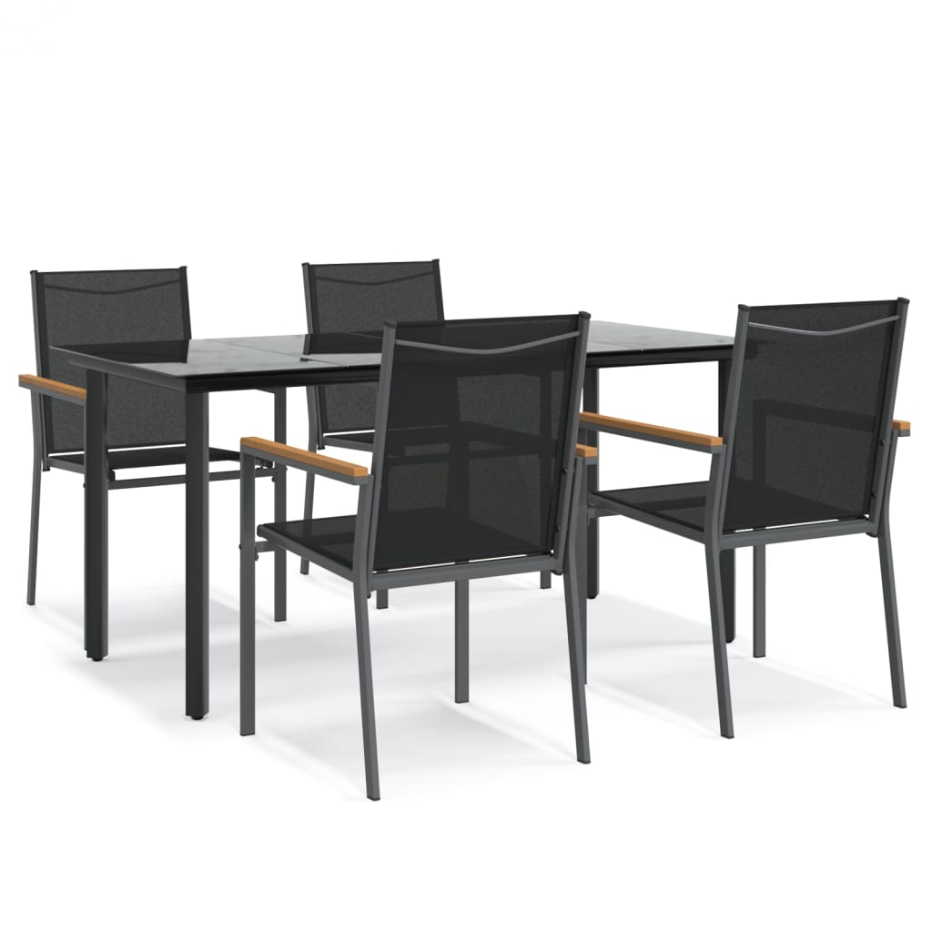 5 Piece Patio Dining Set Black Textilene and Steel