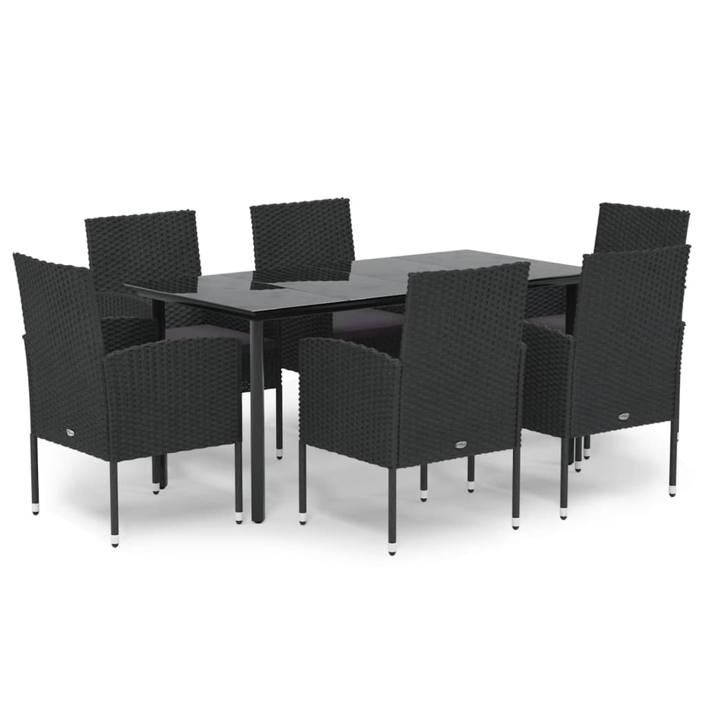 7 Piece Patio Dining Set with Cushions Black Poly Rattan