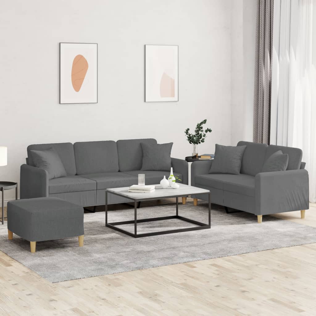 3 Piece Sofa Set with Pillows Dark Gray Fabric