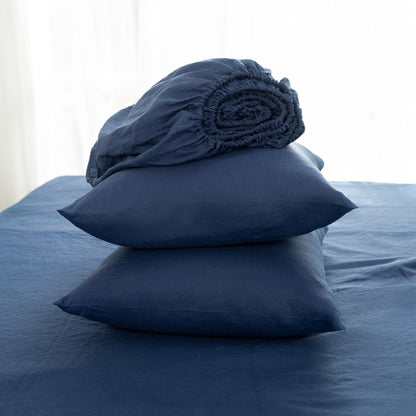 Four Piece Navy Blue Linen Queen Sheet Set