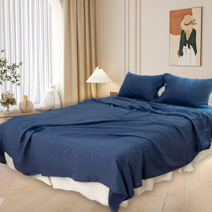 Four Piece Navy Blue Linen King Sheet Set