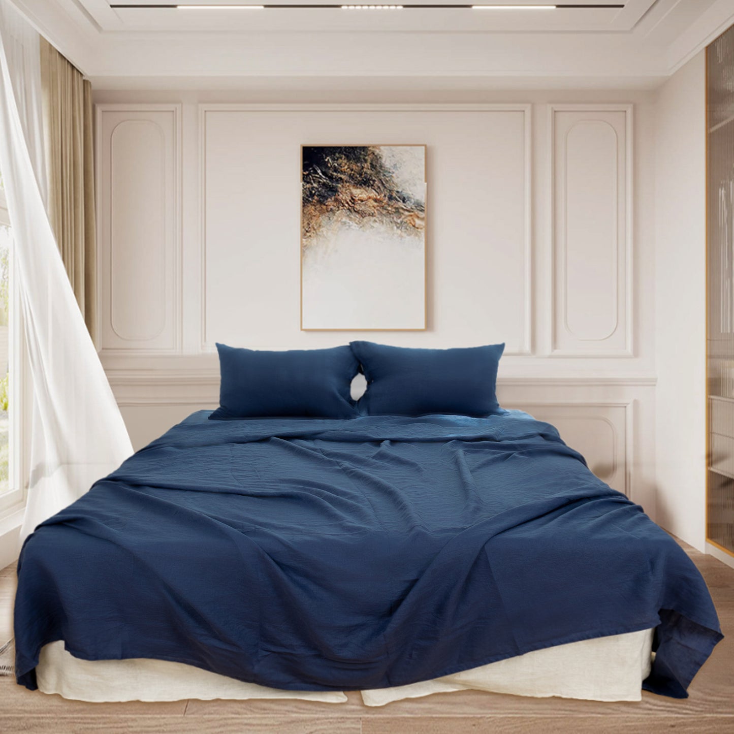 Four Piece Navy Blue Linen King Sheet Set