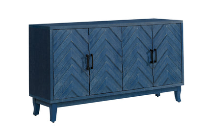 60" Blue Textural Chevron Distressed Wood Sideboard with Four Doors