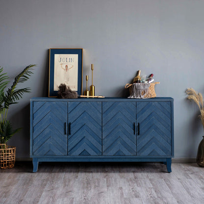 60" Blue Textural Chevron Distressed Wood Sideboard with Four Doors