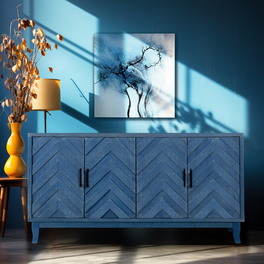 60" Blue Textural Chevron Distressed Wood Sideboard with Four Doors