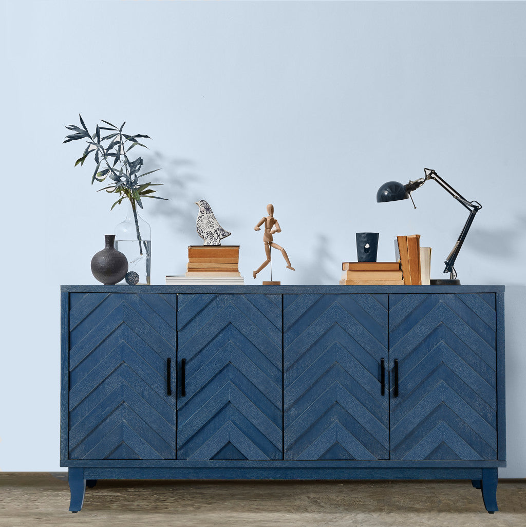 60" Blue Textural Chevron Distressed Wood Sideboard with Four Doors