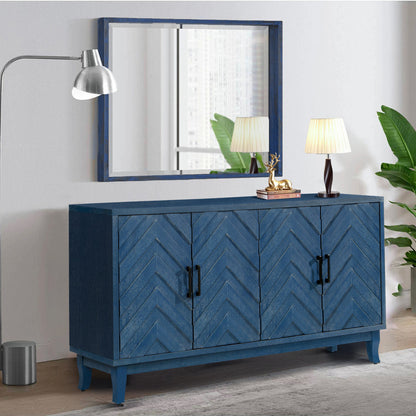 60" Blue Textural Chevron Distressed Wood Sideboard with Four Doors