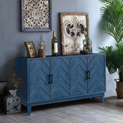 60" Blue Textural Chevron Distressed Wood Sideboard with Four Doors