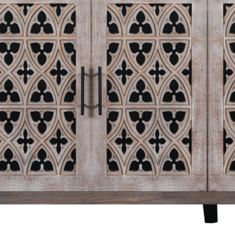 63" Brown Distressed Carved Scrollwork Sideboard with Four Doors