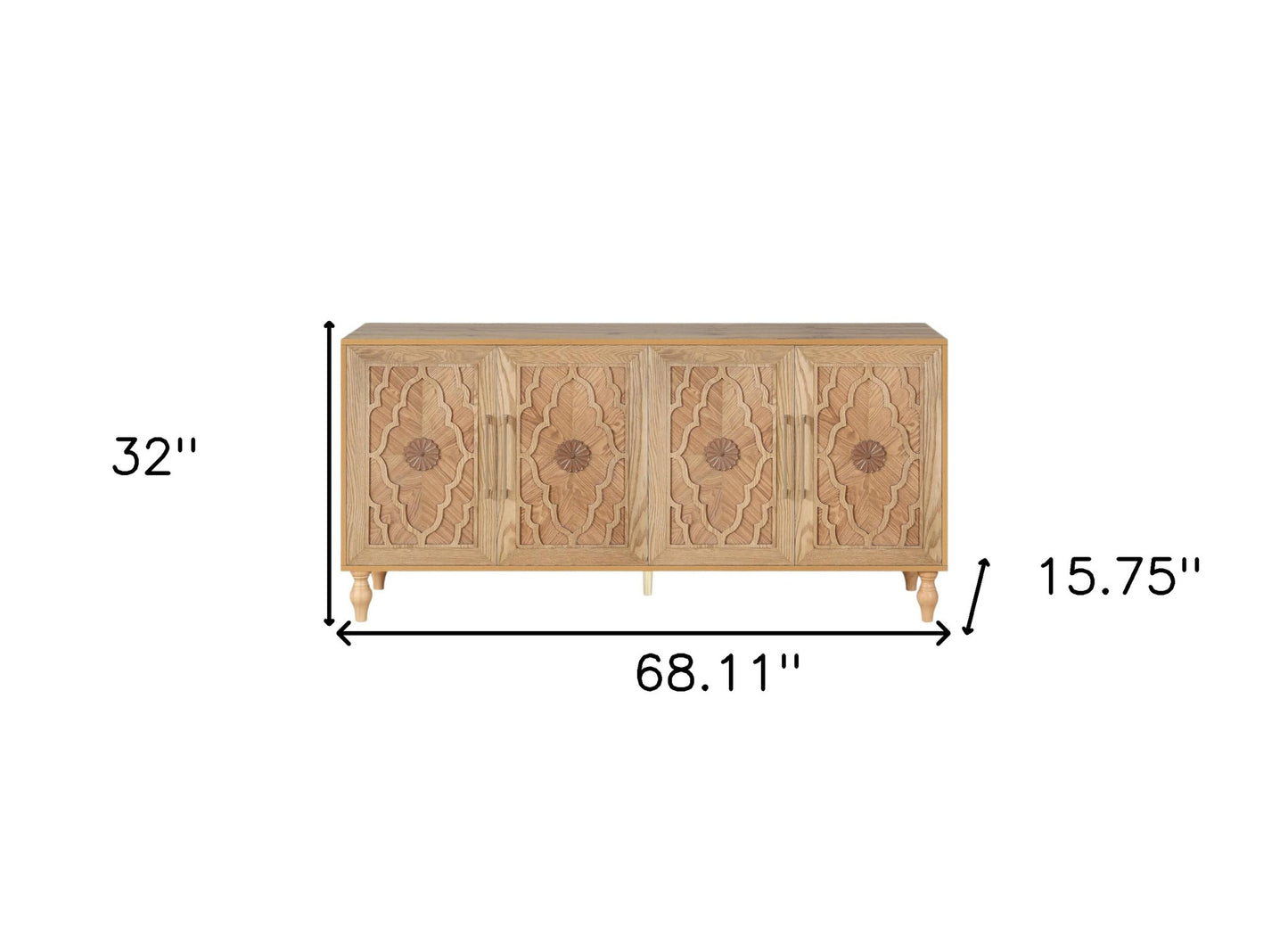 68" Natural Distressed Carved Geometric Sideboard with Four Doors